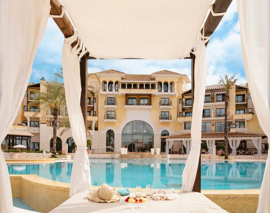 Five-star deluxe room with private balcony and fairway views at the Murcia golf resort