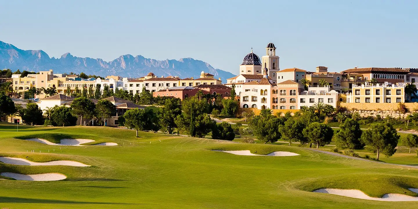 Melia Villaitana golf course with resort and mountains, Costa Blanca